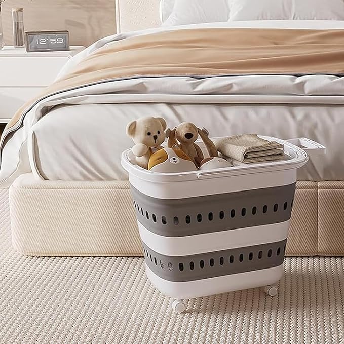 Folding Laundry Basket with Wheels Handle Collapsible Plastic Hamper 38L Portable Rubber Clothes Multi Use Grocery Shopping Cart Pop Up Storage Container Organizer with Hanging Space Saving White Grey