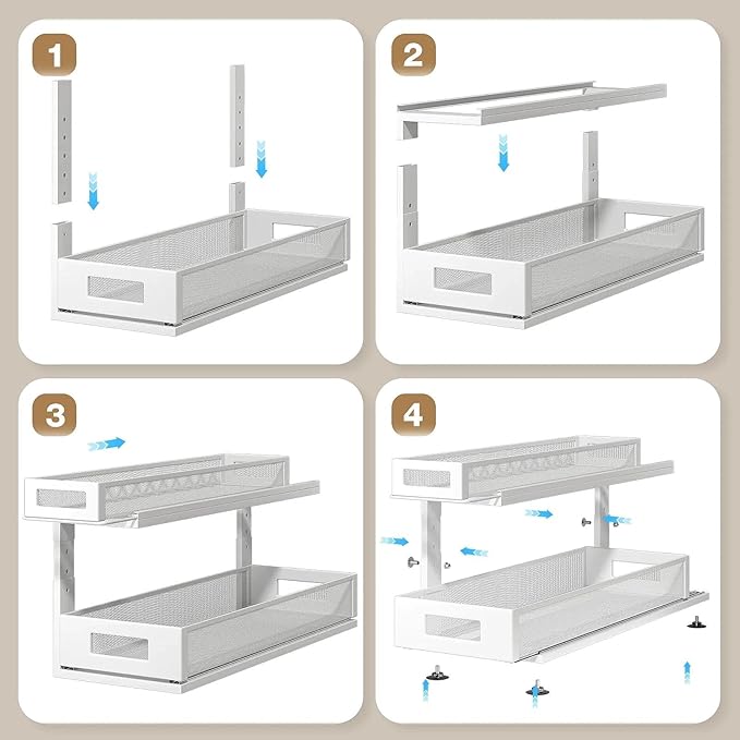 Corbyles 2 Pack 21.3IN-Depth Under Sink Organizer With Next-Gen Ball-Bearing Slides,2-Tier Pull Out Cabinet Storage,Height Adjustable Drawer Shelf for Bathroom,Kitchen,Laundry,Cabinet,Pantry-White