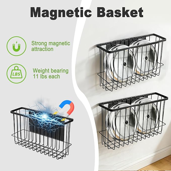 Funvalley Surperfect Magnetic Wire Mesh Storage Baskets, Black Steel Wall Mount Organizers, 2-Pack Large and Medium, Modern Industrial Style, 14 lbs Capacity