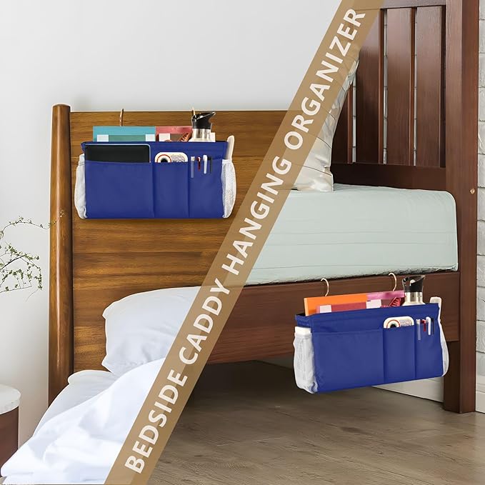 KOPIRIT Blue Bedside Caddy Storage Bag Bedside Organizer for Bunk Bed Headboards College Organizer Caddy Hanging Shelf 6 Pockets with Hooks for Book Glasses Phone Holder