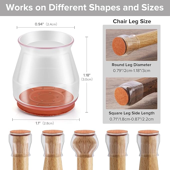 32PCS Upgraded Silicone Chair Leg Floor Protectors for Hardwood Floors, Furniture Sliders for Chair Legs, Felt Bottom Furniture Pads, Anti-Slip Round&Square Cap Covers to Scratch and Reduce Noise