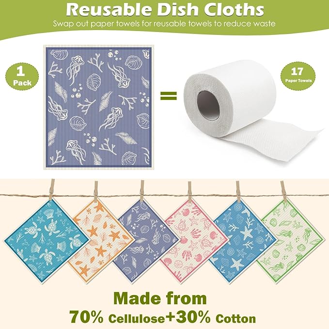 6 Packs Swedish Paper Cloths for Kitchen, Reusable Paper Towels Washable Dish Rags, Highly Absorbent Kitchen Towels Quick Drying Swedish Sponge Cleaning Dish Cloths (Ocean Series)