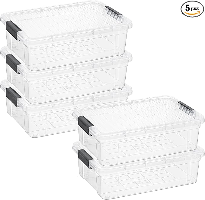 Superio Clear Storage Boxes with Lids, 13.7 Qt Plastic Container Bins for Organizing, Stackable Crates, BPA Free, Non Toxic, Odor Free, Organizers for Home, Office and Dorm, 5 Pack
