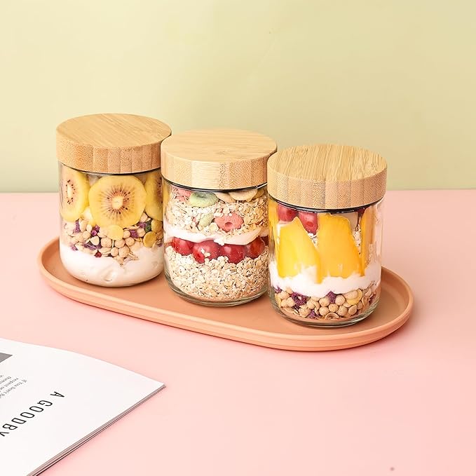 YUNCANG Glass jars with Airtight Lids, 16oz Overnight Oats Containers with Bamboo Lids, 6 Pack Wide mouth Mason Salad jars, Glass Food Storage Containers for Spice Sugar Snacks Yogurt