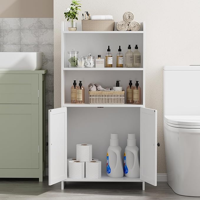 Homhedy Small Bathroom Storage Cabinet, Freestanding Toilet Paper Storage with 2 Doors and Shelves, Bathroom Organizers and Storage for Small Spaces, Laundry Room, 9.8" D x 19.7" W x 39.9" H, White