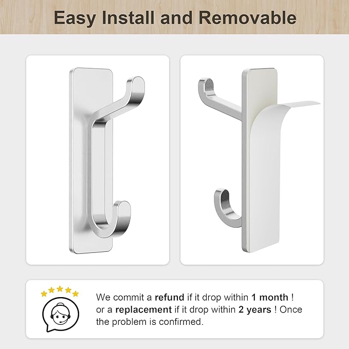 pickpiff Wall Hooks for Coat and Towel: 13LB Strong Adhesive Door Hanger Stick on, Silver 6 Pack