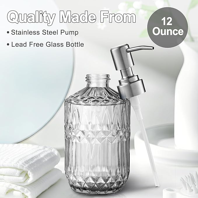 13 Oz Refillable Soap Dispenser, Glass Soap Dispenser for Dispense Hand Soap, Dish Soap, Lotion (Clear)