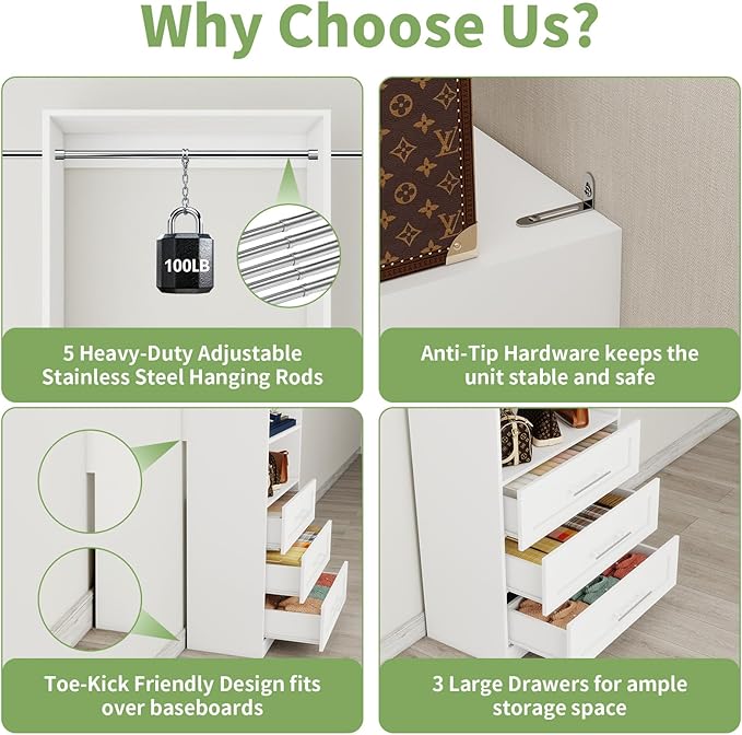 Closet System with 3 Drawers, 4–8.5 Ft Closet Organizer System with 5 Adjustable Hanging Rods & Shelves, Wood Walk-In Closet System, Built-In Modular Closet Kit, Sturdy Garment Rack, White