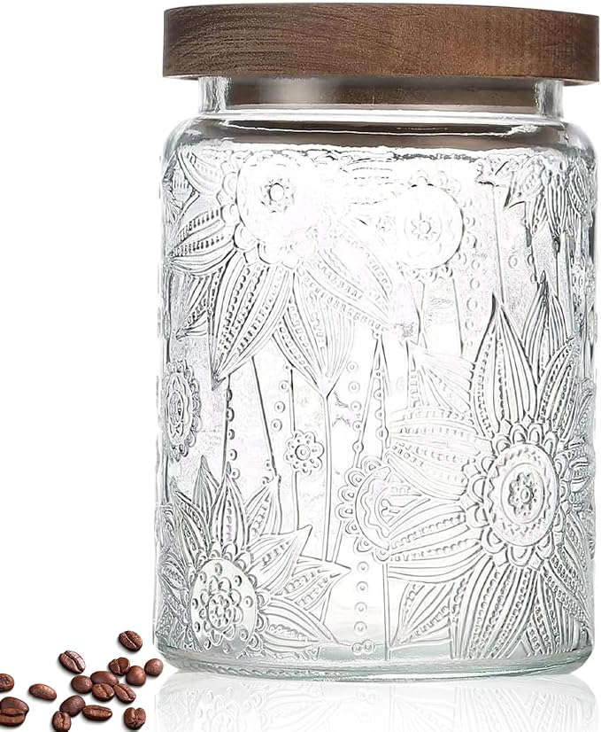 24 OZ Airtight Glass Storage Jar with Bamboo Lid - Vintage Glass Jar Vintage Food Containers Canisters Set for Kitchen Counter & Pantry - Ideal for Sugar, Flour, Coffee, Tea, Candy, Oats, Cereal