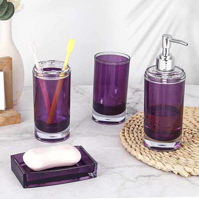 5 Pcs Purple Acrylic Bathroom Accessories Set Complete,Lotion/Soap Dispenser,Soap Dish,Toothbrush Holder, Tumbler,Toilet Brush and Holder,Modern Bathroom Decor and Housewarming Gift Set (Dark Purple)