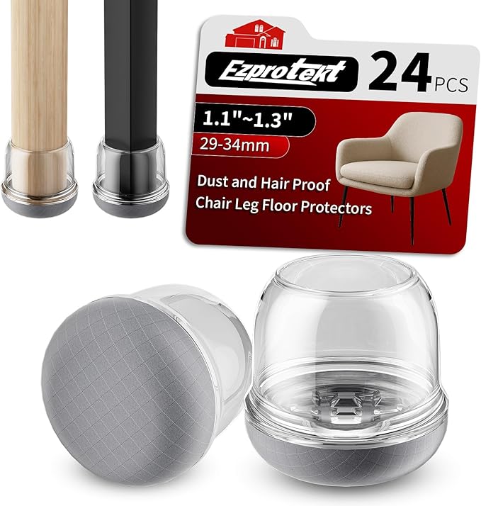 Ezprotekt 24 Pcs Chair Leg Floor Protectors, Chair Leg Caps, Silicone Protectors Covers for Hardwood Floors & Carpet, Pet Dust & Hair Proof Chair Pads - for Dining Table Chair, Clear L Fit (0.87"-1")