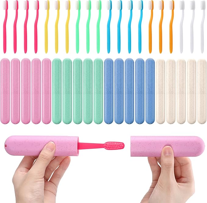 LemonRoad 40 Pcs Travel Toothbrush Holder Sets 20 Disposable Toothbrush Individually Wrapped 20 Portable Tooth Brush Case Covers with Ventilation Holes for Travel, Home, Camping, Hotel(Macron)