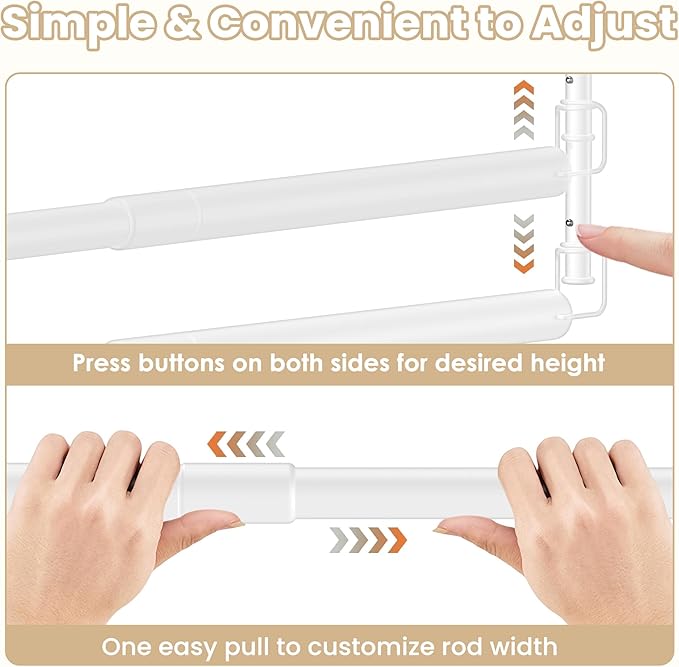 Stepless Extender Closet Hanging Rod - Heavy Duty Closet Rods for Hanging Clothes, Adjustable Width & Height, Space-Saving White Closet Organizer for Hanging & Drying Clothes, Easy to Install