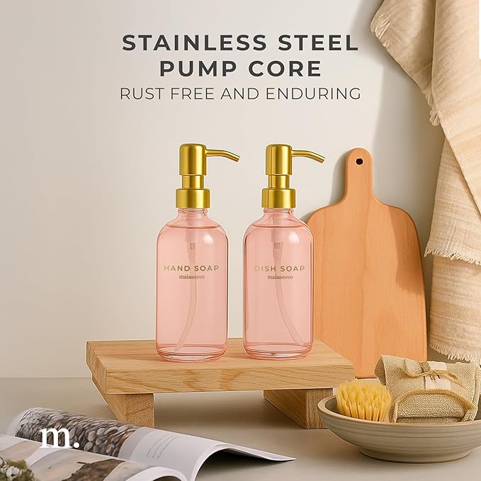 MaisoNovo Soap Dispenser 2-Piece Set | 16.9oz Pink Bottles with Gold Stainless Steel Pump Core