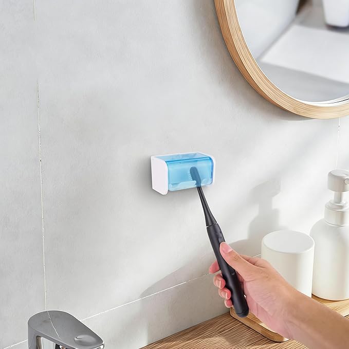 Toothbrush Holder Wall Mounted with Cover for Bathroom, 2 Slots Toothbrush Storage Organizer for Shower, Self Adhesive Toothbrush Hanger Rack for Dorm, Cabinet (Blue)