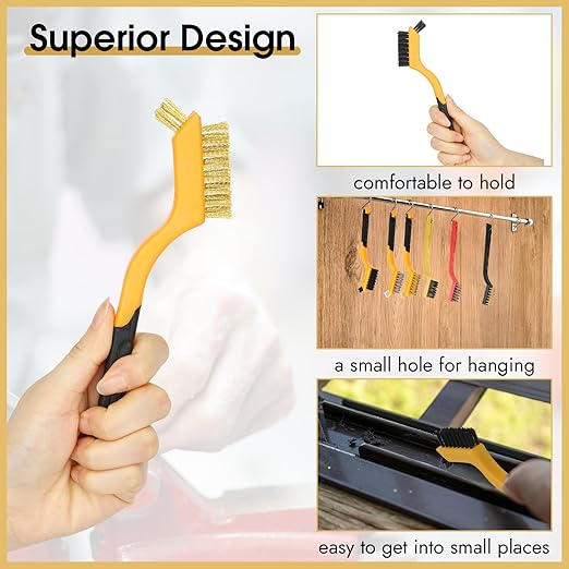 6 Pieces Wire Brushes Set, Small Metal Brass Brush, Stainless Steel Brush, Nylon Brushes for Cleaning Metal Rust and Paint Removal (Yellow+3 Mixed Color, L)