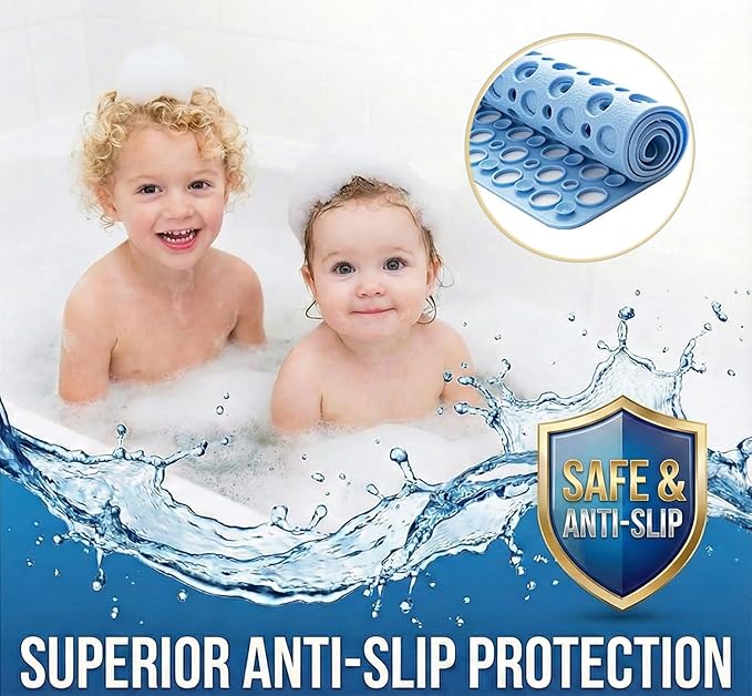 Nonslip Bathtub Mat Extra Soft TPE Bath Mat for Kids, Machine Washable Bathroom Shower Mat, Smooth/Non-Textured Tubs Only, 30L x 17W Inch (Blue)