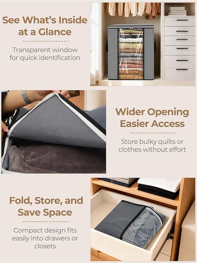 boailydi 120L Extra Large Blanket & Clothes Storage Bags for Bedding & Comforters & Pillow–Foldable Thick Waterproof Fabric with Clear Window,Dual Zippers & Sturdy Handles,3 Pack Seasonal Organization