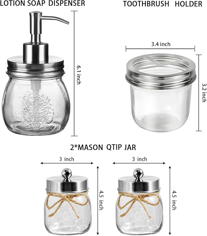 Amolliar Mason Jar Bathroom Accessories Set 4 Pcs -Lotion Soap Dispenser & 2 Qtip Holders & Toothbrush Holder - Rustic Farmhouse Decor, Bathroom Home Decor (Brushed Nickel)