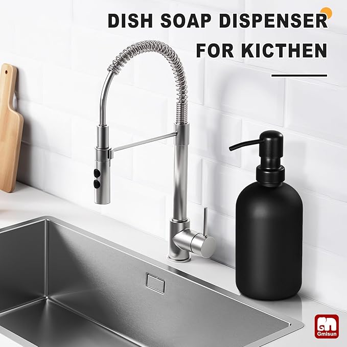 GMISUN Black Soap Dispenser, Dish/Hand Soap Dispenser with Matte Black Stainless Steel Pump, 15 fl oz/450ml Glass Soap Dispensers Set for Kitchen/Bathroom, Modern Refillable Liquid Lotion Dispenser