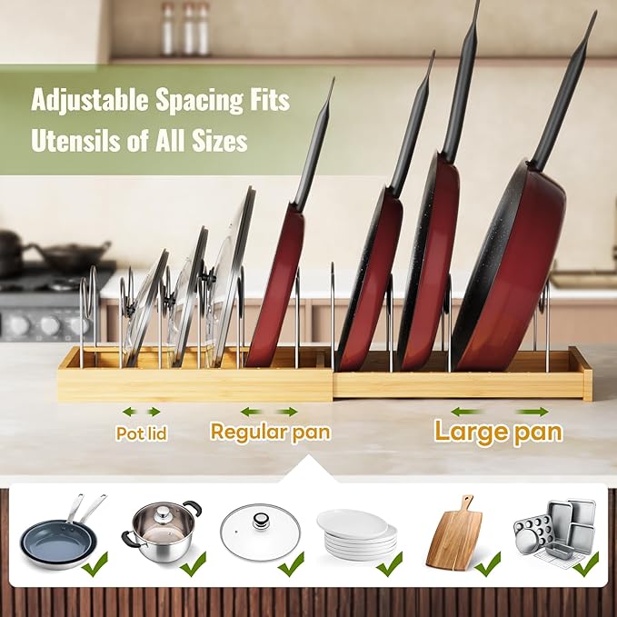 Tomorotec Bamboo Pot Lid Holder with Adjustable Stainless Steel Dividers, Expandable Rack Organizer for Kitchen Drawers, Cabinets, Countertops, Space-Saving Storage for Lids, Pans, Trays, Cookware