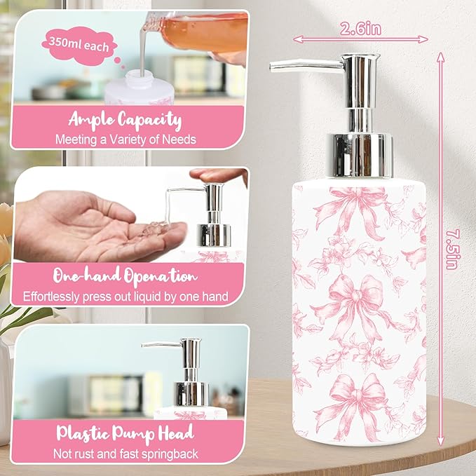 JarThenaAMCS Valentine's Day Pink Bow Floral Soap Dispenser Glass Dispenser with Pump Refillable Vintage Chinoiserie Bow Flower Liquid Soap Container for Kitchen Bathroom Countertop Decor