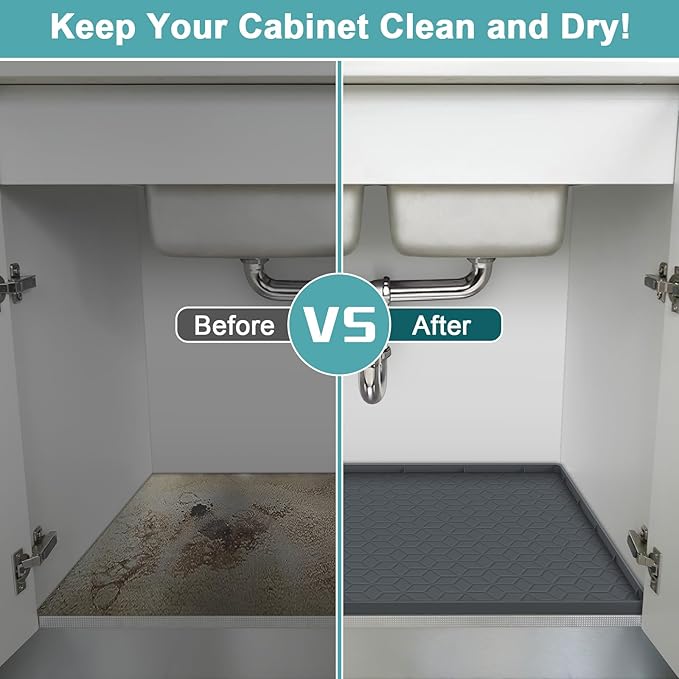 Under Sink Waterproof Mat for Kitchen 34" x 22", Silicone Under Kitchen Sink Mats and Protectors for Cabinets, Under Sink Tray Liner, Cabinet Mat for Kitchen Multipurpose Pet Mats, Rhombic Gray