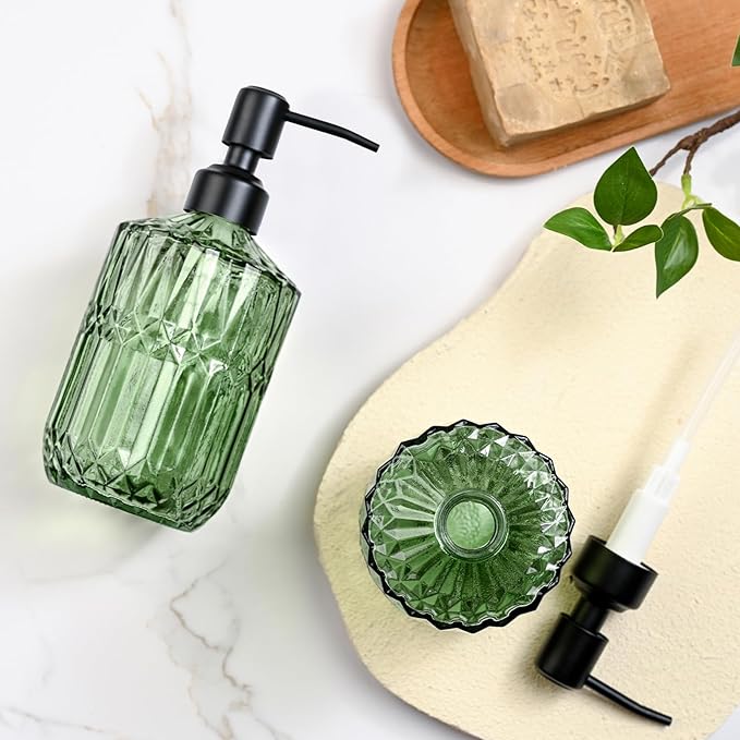 Green Glass Soap Dispenser with Black Rust Proof Pump Refillable for Kitchen Dish Soap Bathroom Hand Soap Lotion and Body Wash
