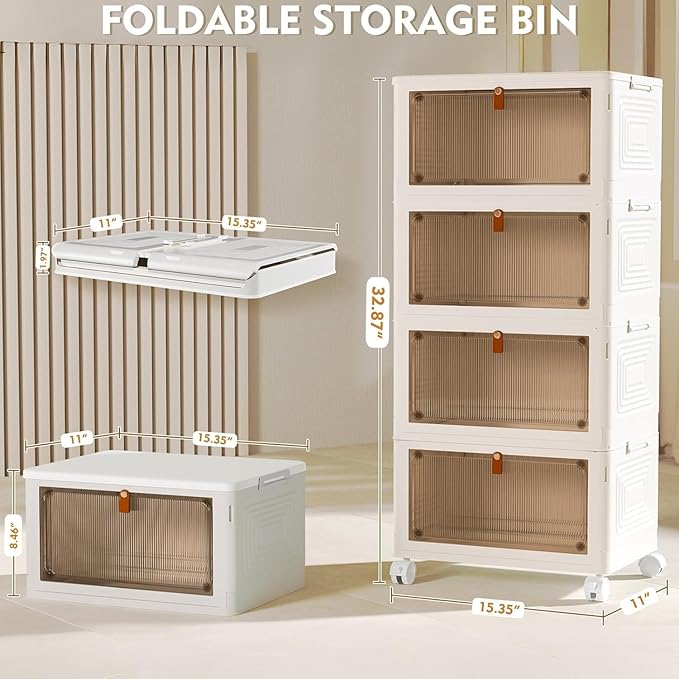 4 Tier Plastic Storage Bins with Lid 24QT, Stackable Storage Containers with Wheels, Folding Storage Boxes, Collapsible Storage Bins, Closet Organizers and Storage for Living Room,Office,Dorm