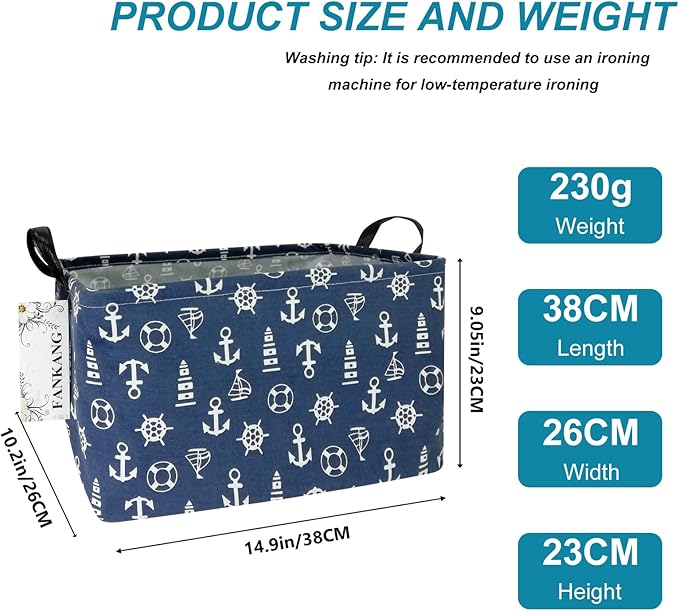 FANKANG Storage Basket,Nursery Hamper Canvas Laundry Basket Foldable with Waterproof PE Coating Storage, Office, Bedroom, Clothes,Toys (Rec-Sailboat)