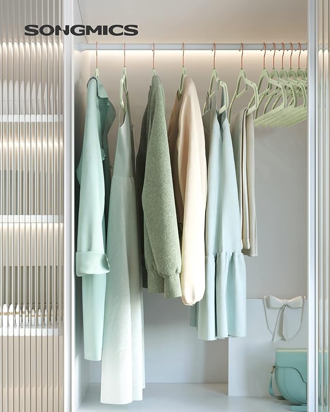 SONGMICS Velvet Hangers, Set of 50 Clothes Hanger with Rose Gold Swivel Hook, Non-Slip, and Space-Saving, 0.2-Inch Thick, 17.1-Inch Long for Coat, Shirt, Dress, Pants, Tie, Lime Green UCRF021GR50