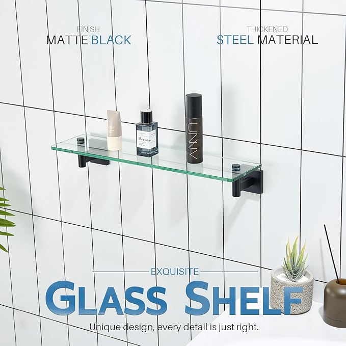 KOKOSIRI Bathroom Shelves Glass Floating Shelf 20-Inch for Bedroom Living Room Kitchen Hanging Rack Rustproof Wall Mounted Black 2 Pack B1105BK-L20-P2