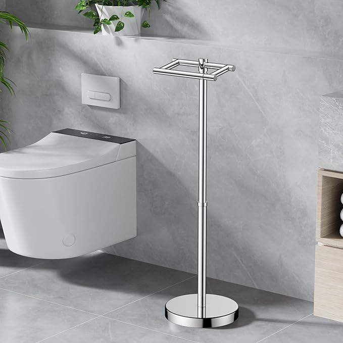 Toilet Paper Holder Stand Adjustable, Freestanding Tissue Roll Holder for Bathroom, Pivoting Design, Durable SUS 304 Stainless Steel and Weighted Base Toilet Paper Stand, Storage (Chrome)