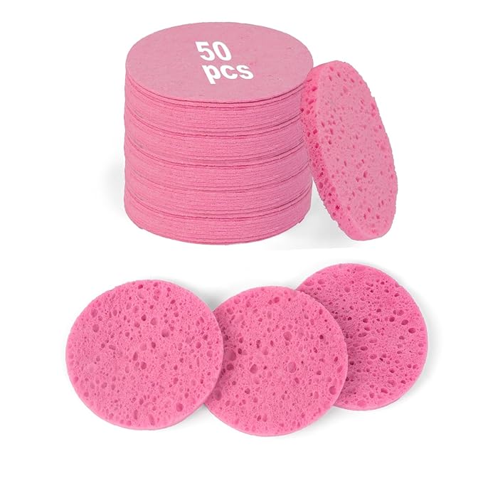 50-Count Compressed Facial Sponges,100% Natural Cellulose Cosmetic Make Up Sponges for Face Daily Facial Cleansing,Exfoliating,Makeup Removal(Pink)