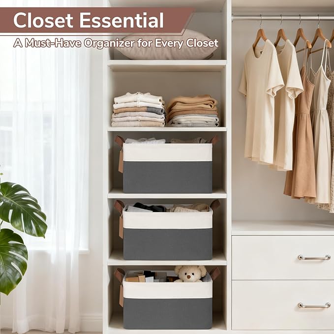 CHICVITA 4 Pack Storage Baskets for Shelves, Closet Organizers and Storage Bins with Handles, Fabric Toy Bins for Nursery Living Room, 14.8" x 10.3" x 8.3", Gray & White