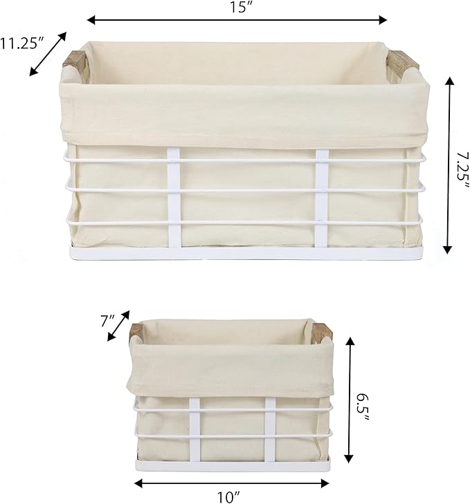 happimess BSK3002B-3SET Callan Vintage Industrial Wire Metal Nesting Storage Baskets with Wood Handles and Fabric Liner for Shelves, Cabinets, Pantry, Countertop, Mesh Open Bin, White (Set of 3)