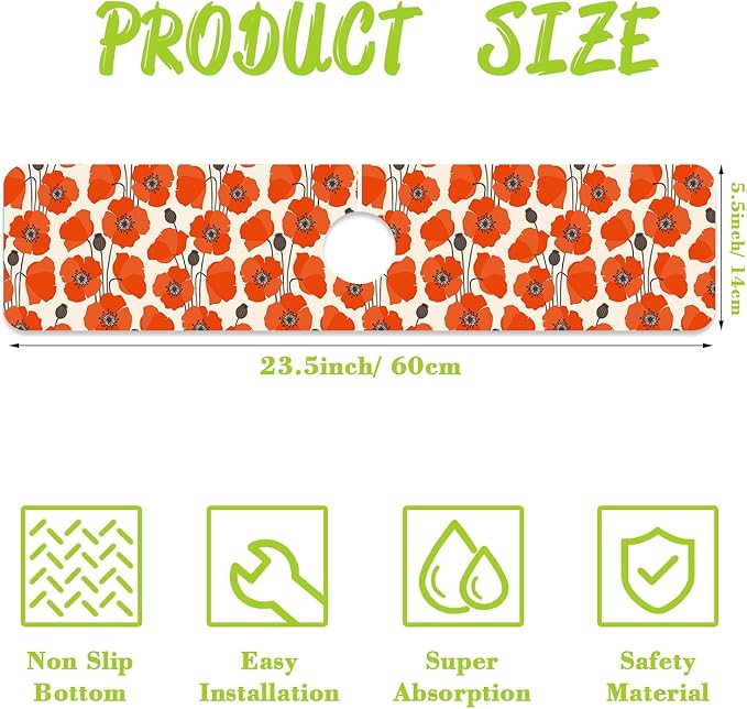 Sink Faucet Absorbing Mat Poppy Flowers Sink Splash Guard Drying Mat for Kitchen Bathroom Faucet Sinkmat 23.5"X5.5"
