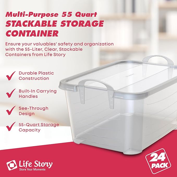 Life Story 24 Pack Light Duty Stackable Storage Bin, 55 Quart Home Organizer, Versatile Lightweight Locking Bins with Carrying Handles, Clear