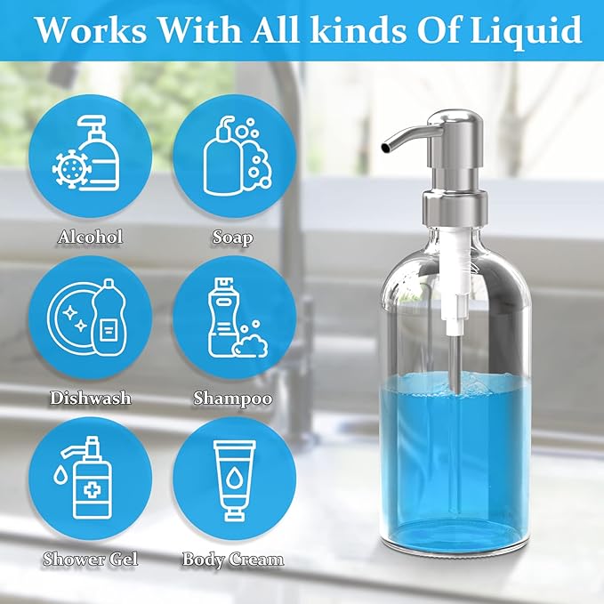 ARKTEK Refillable Soap Dispenser (2 Units) - 17 Oz Clear Glass Bottle with Rust Proof Pump for Hand and Dish Soap, Kitchen Bathroom Countertop