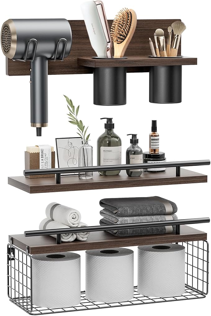 Bathroom Floating Shelves with Hair Dryer Holder - Wall Mounted Wood Wall Shelf with Blow Dryer Storage Over The Toilet - Set of 3 Rustic Brown Farmhouse Decor