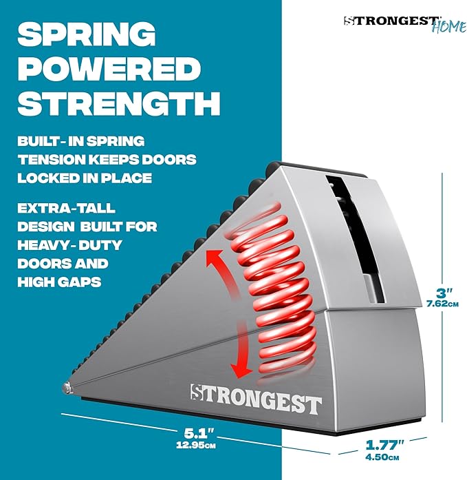 Strongest Home 2 Pack XL Adjustable Chrome Door Stopper with Spring – Heavy Duty Wedge for Oversized, Thick & Heavy Doors, Anti-Slip Rubber Grip, Commercial, Home & Outdoor Use on Carpet, Wood & Tile