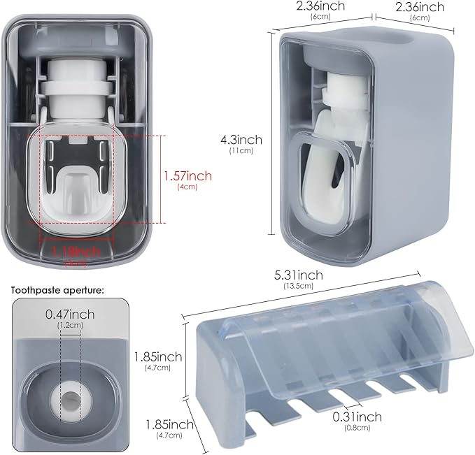 5 Slots Wall Mount Toothbrush Holder with Cover, Self Adhesive Toothbrush Storage Organizer for Shower, Toothbrush Hanger with Automatic Toothpaste Squeezer Dispenser (Grey)