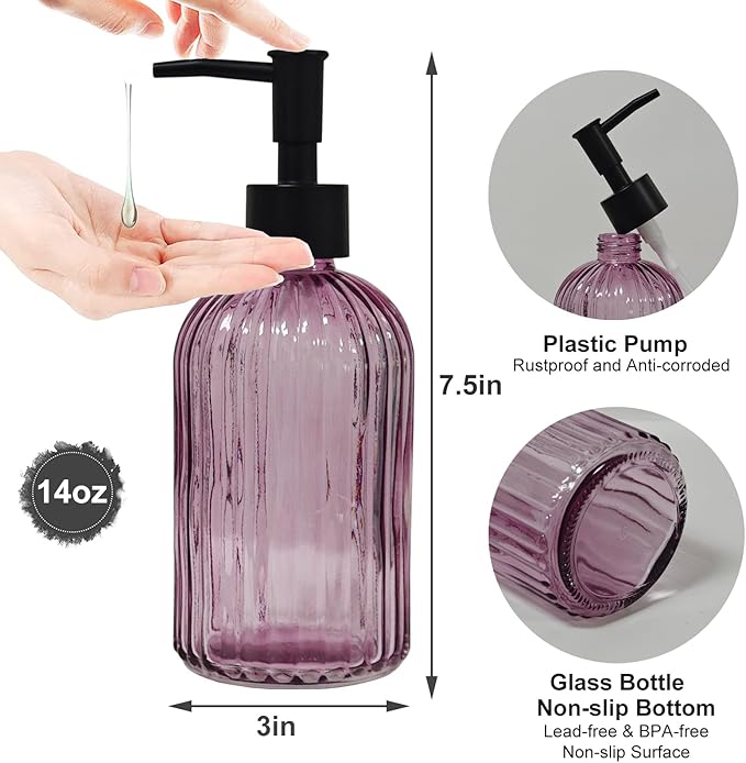 Black Pump Glass Soap Dispenser, 13.5oz Purple Stripe Countertop Refillable Liquid Bottle Hand Dish Lotion Dispenser with Plastic Pump, for Kitchen, Bathroom Countertop