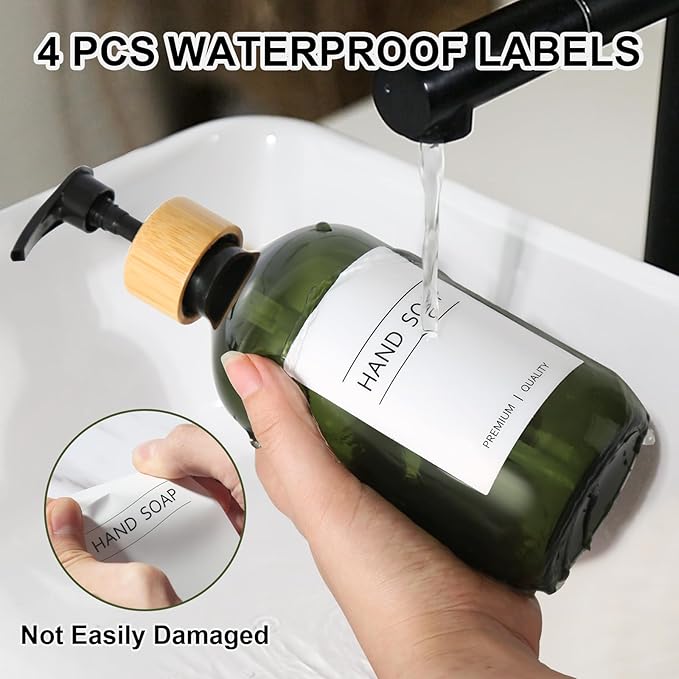 Green Soap Dispenser, Plastic Bathroom Soap and Lotion Dispenser Set with Bamboo Pump, 2 Pack 17 Fl Oz Hand and Dish Soap Dispensers Set for Bathroom, Refillable Liquid Soap Bottles