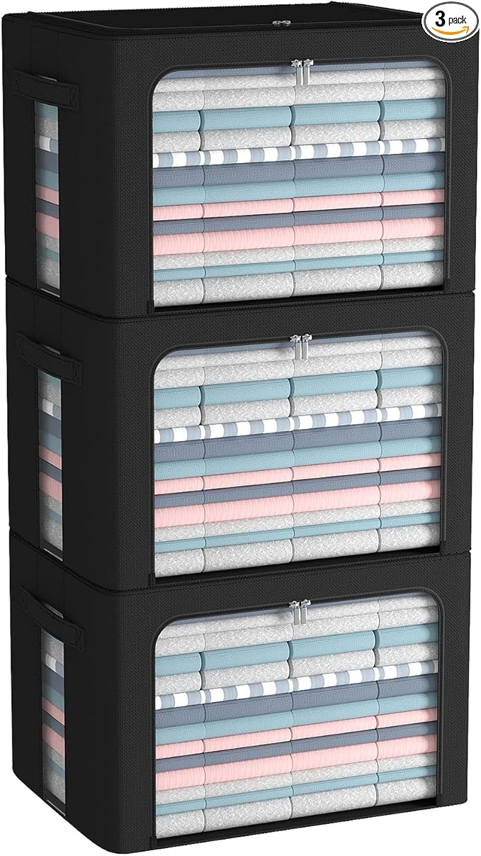 CYhom 3Pack Frame Storage Box - Clothes Storage Bin Bags Oxford Fabric Foldable Stackable Container Organizer Set with Clear Window & Carry Handles (Black, Large-66L)