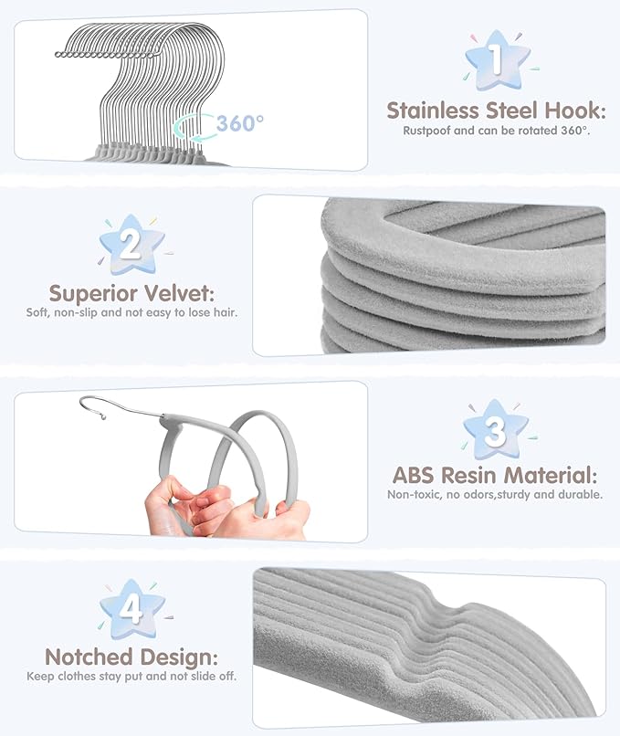 VIS'V Baby Hangers, 11 Inch Velvet Kids Hangers with 6 Pcs Clothes Size Dividers, Infant Toddler Nursery Closet Organization, Non Slip, Gray, 30 Pcs