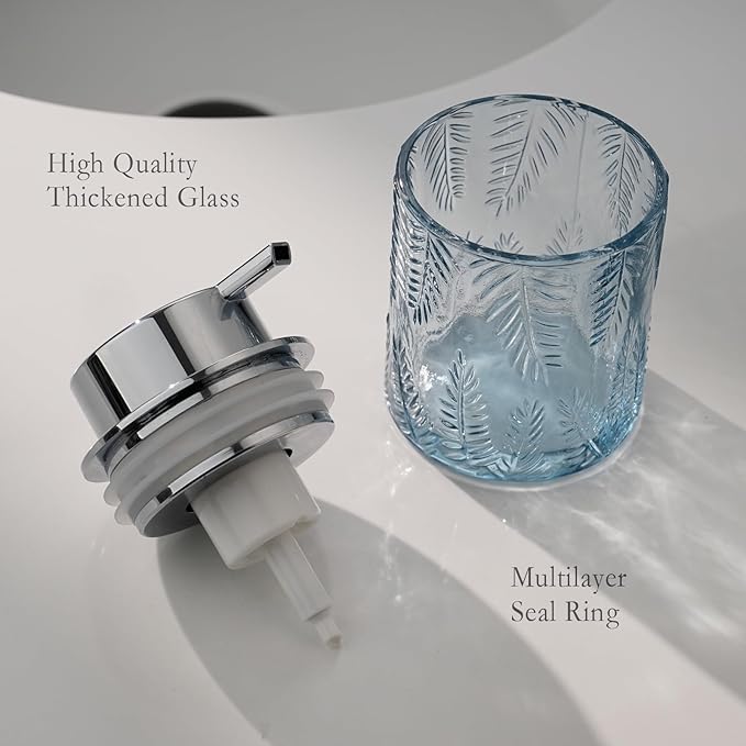 Glass Foam Soap Dispenser for Kitchen & Bathroom - Refillable Liquid Soap Dispenser with Large Silver Pump (Leaf Pattern-Blue)