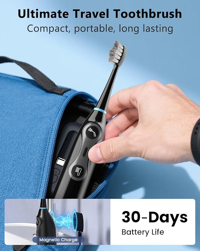 3-in-1 Flossing Toothbrush – Flosses, Vibrates and Oscillates, Electric Toothbrush with Water Flosser for Adults, 5 Brush Heads, 3 Modes for Plaque Removal, Sensitivity & Braces, Travel - Black