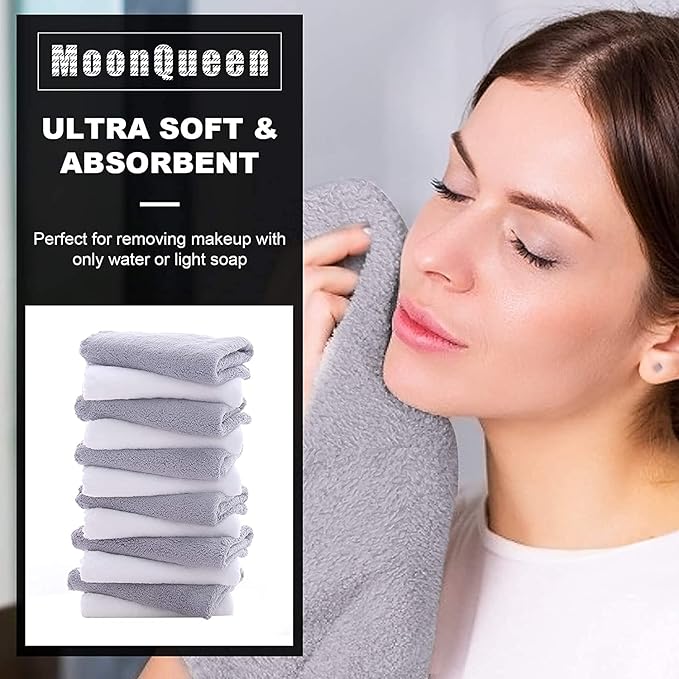 MOONQUEEN 30 Pack Microfiber Face Towel - Premium Soft Makeup Remover Cloths (White-Grey, 30 Pack)
