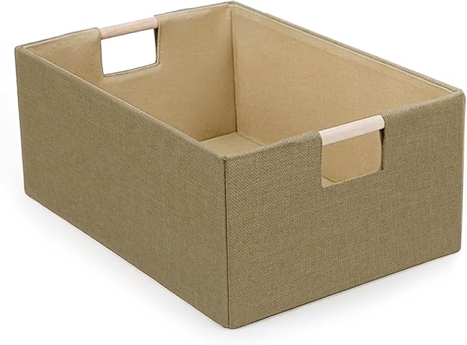 Foldable Fabric Storage Basket for Shelves, Linen Decorative Storage Bin with Wooden Handles, Small Organizer Cube for Closet, Rectangle Canvas Box for Organizing, Decor, 15x10.6x6 Inches (Brown)